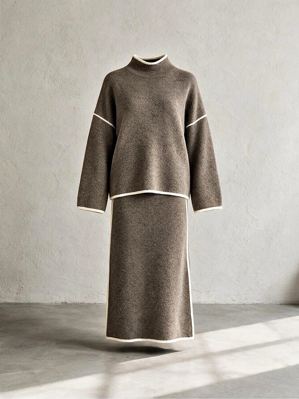 ZARA Knit Jumper with Contrast Trims and Contrast Piped Knit Midi Skirt, both in